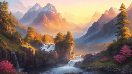 Mountain landscape with waterfalls on the background of a high mountain in the morning during sunrise, wild untouched nature