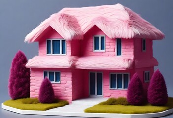 Pink Miniature Model Of A Modern House With The Facade Made Of Fur, Very Fluffy And Furry 3 (6)
