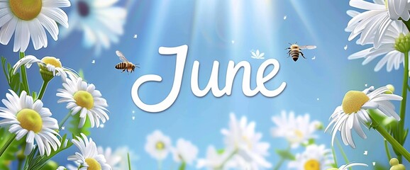 The words "June" in the center of an art poster, a few daisies and two bees flying around Generative AI