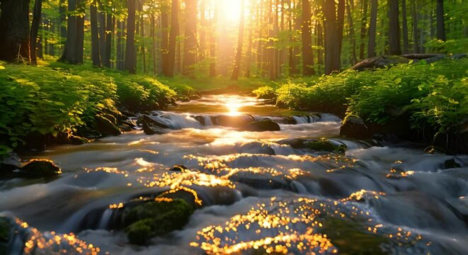 Sunlight illuminates a lush forest with a babbling stream, showcasing the natural beauty of nature. Concept Nature Photography, Lush Forest, Sunlit Scenes, Babbling Stream, Natural Beauty