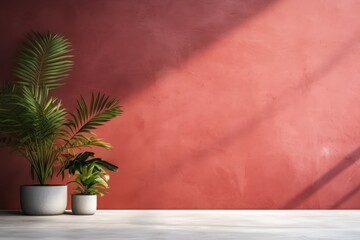Red minimalistic abstract empty stone wall mockup background for product presentation. Neutral industrial interior with light, plants, and shadow window