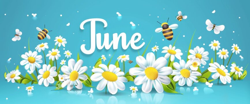 art poster summer time daisies and bees on a blue background, text "June" in white color Generative AI