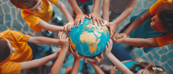 A group of children holding hands and forming a circle around a globe , world peace concept