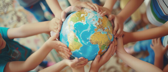 A group of children holding hands and forming a circle around a globe , world peace concept