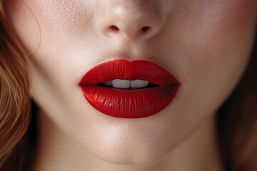 Fototapeta premium Detailed shot of a woman's lips painted bright red, emphasizing texture and color