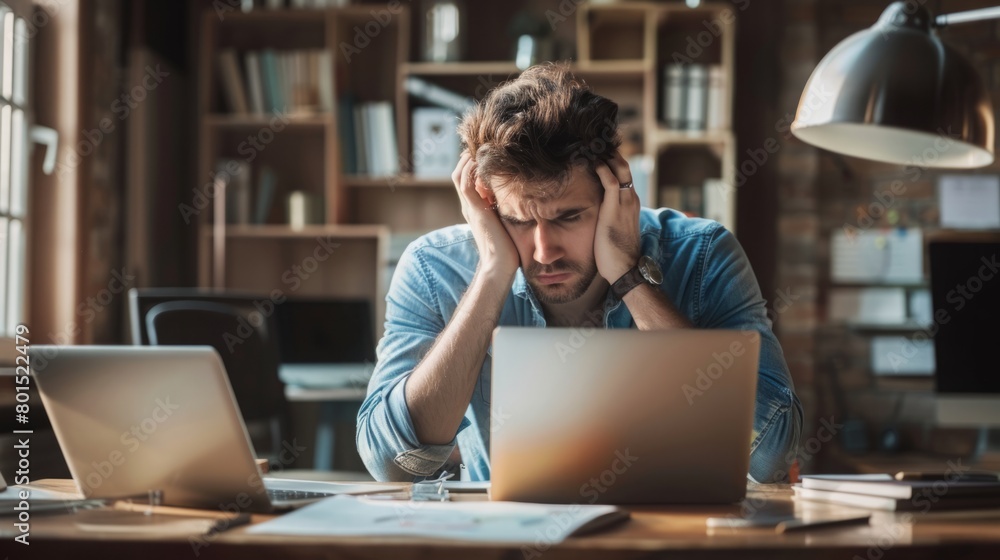 Poster a man sitting in front of a laptop computer, working or studying.