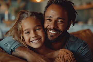 Father and Daughter Sharing a Loving Embrace on the Living Room Couch, Symbolizing Trust and Family Love