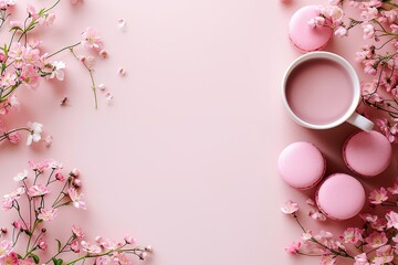 Flat lay white cup with pink macarons and pink flowers. Copy space