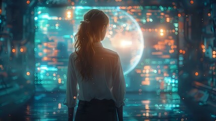 Modern Businesswoman Interacting with Advanced Digital Interfaces