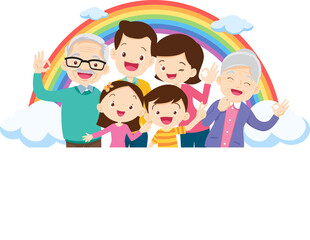 Happy big family standing with house ,rainbow