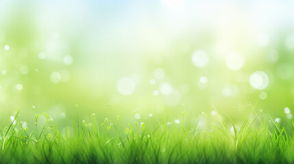 Summer background with green grass on blurred background with bokeh