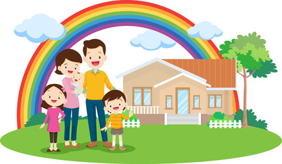 Happy big family standing with house ,rainbow