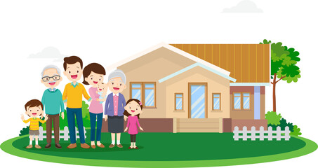 Happy big family standing with house ,rainbow