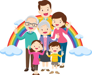 Happy big family standing with house ,rainbow