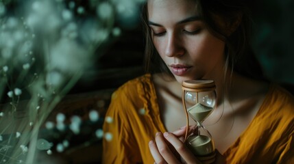 Young beautiful woman holding hourglass separated with colored background. Skilled happy girl with sand hour glass in hand in watercolor. Represented time, changing, feminist. Close up. Cash. AIG42.