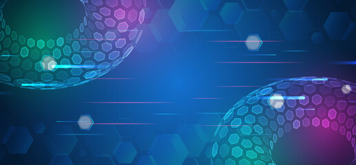 Abstract hexagons and dynamic lines futuristic concept. Data transfer and protection, internet communication on a blue background. High computer technology design. Modern science vector presentation.
