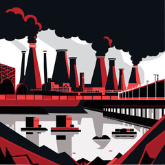 industrial area with chimneys emitting gases and discharging wastewater into rivers, vector