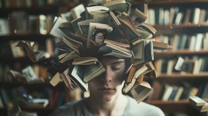 A woman balancing a stack of books on her head with a focused expression.