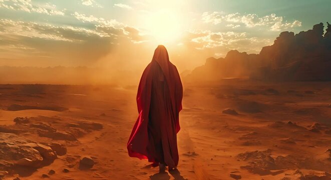 Jesus in desert resisting temptation against adversary symbolic spiritual struggle. Concept Symbolic Spiritual Struggle, Desert Temptation, Jesus' Resilience, Adversary Defeat, Biblical Narrative