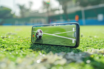 Smartphone with soccer ball on the green grass field in football stadium, concept of football match streamed live online - obrazy, fototapety, plakaty