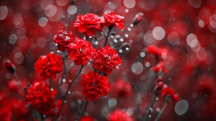   Red flowers dot a lush, green grassfield, each bloom glistening with raindrops on a sunlit day