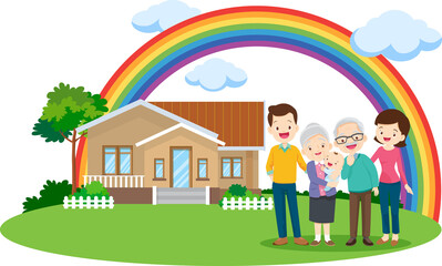 Happy big family standing with house ,rainbow