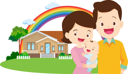 Happy big family standing with house ,rainbow