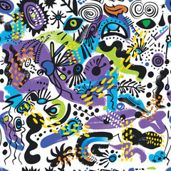 Fototapeta na wymiar Tribal ethnic hand drawn doodles, dots, doodle abstract shapes, lines, spiral, waves, flowers, leaves colorful seamless pattern. Ornamental drawing vector backgroud. Trendy ornament. Fabric pattern