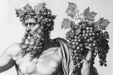 Engraved portrait of Bacchus the Roman god of wine who's father was Jupiter, the Greek equivalent is Dionysus, computer, black and white monochrome stock illustration image