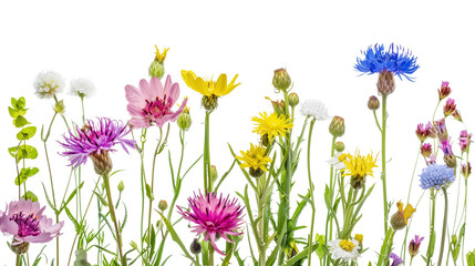 Close-up of wildflowers with morning dew, isolated on transparent background