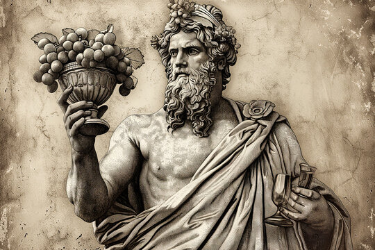 Engraved portrait of Bacchus the Roman god of wine who's father was Jupiter, the Greek equivalent is Dionysus, computer, black and white monochrome stock illustration image