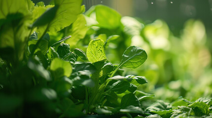 Salad background or drawing of fresh green lettuce growing on home farm in out of focus, Vitamin healthy food, greens for vegetarians
