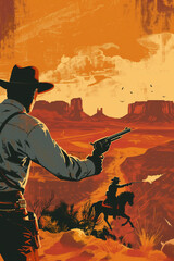 American cowboy outlaw gunslinger in the Wild West frontier of Texas with a revolver gun in the style of a vintage distressed painting retro poster, stock illustration image