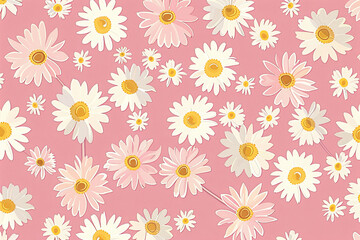 pink background with white and yellow daisies pattern, cute retro pink wallpaper