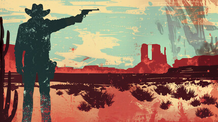 American cowboy outlaw gunslinger in the Wild West frontier of Texas with a revolver gun in the style of a vintage distressed painting retro poster, stock illustration image