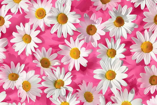 Pink Background With White And Yellow Daisies Pattern, Cute Retro Pink Wallpaper