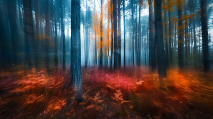 Icm forest trees showing the concept of an artistic impressionist blurred motion spring woodland background, stock illustration image