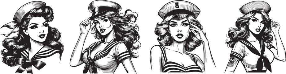 pinup girl sailor black silhouette vector, shape print, monochrome clipart illustration, laser cutting engraving nocolor