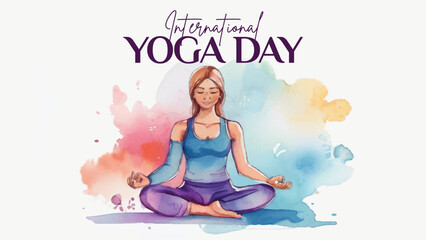 Fototapeta na wymiar Yoga and Meditation horizontal banner template with yoga girl watercolor illustration background