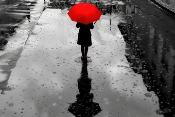 A woman is walking down a wet street holding a red umbrella. The image has a moody and melancholic feel to it, as the woman is alone and the rain seems to be falling heavily