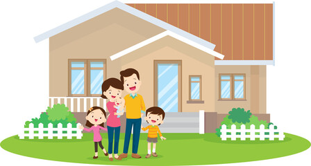 Happy big family standing with house ,rainbow