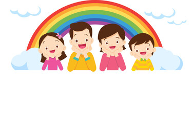 Fototapeta premium Happy big family standing with house ,rainbow