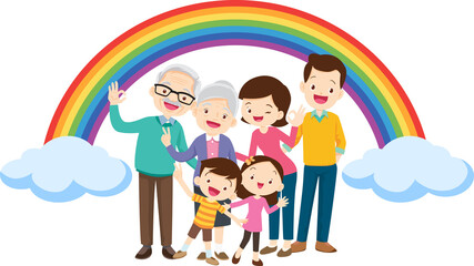 Obraz premium Happy big family standing with house ,rainbow