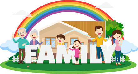 Fototapeta premium Happy big family standing with house ,rainbow