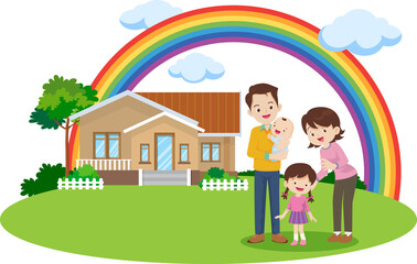 Happy big family standing with house ,rainbow