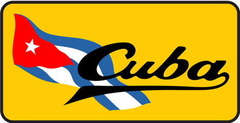 Cuba artistic lettering with waving flag. Metal plate vector image 