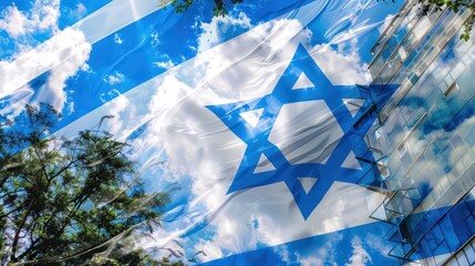 Israel flag on a background against a blue sky in the rays of the rising sun. Israel Independence Day