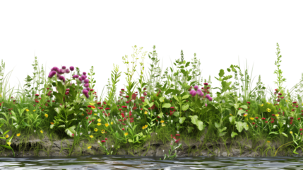 Wildflowers growing along a riverbank, isolated on transparent background