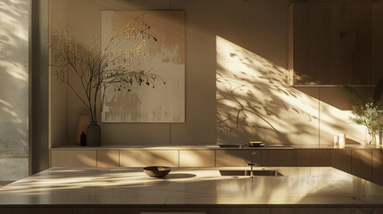A minimalist kitchen bathed in natural light, with sleek countertops and a statement piece of artwork.