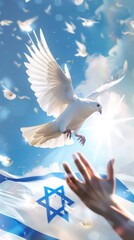 A man's hand reaches out to a white dove against the background of the sky and the waving Israeli flag